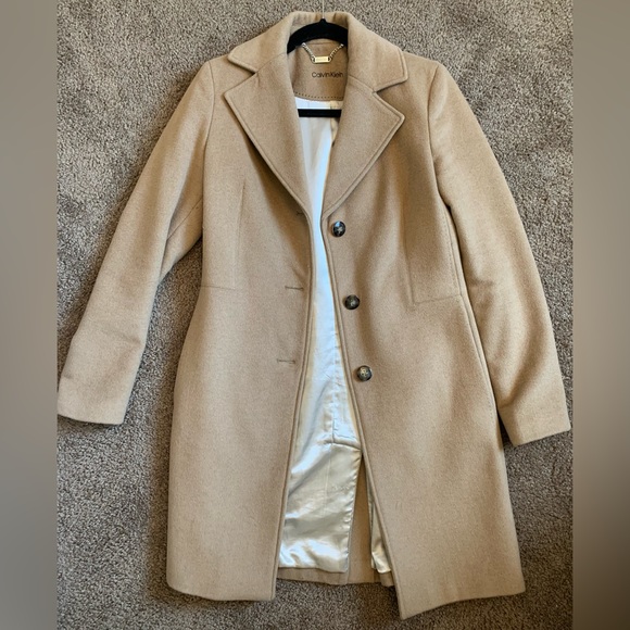 Calvin Klein Wool-Blend Button Front Coat in Camel size 2 - Picture 2 of 15